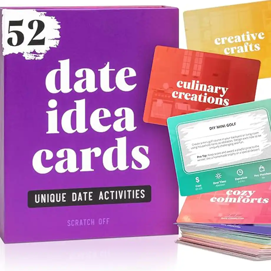 A colorful image displaying 52 unique date ideas, including outdoor adventures, creative activities, and romantic experiences. Perfect for couples looking for cheap date ideas all year round.