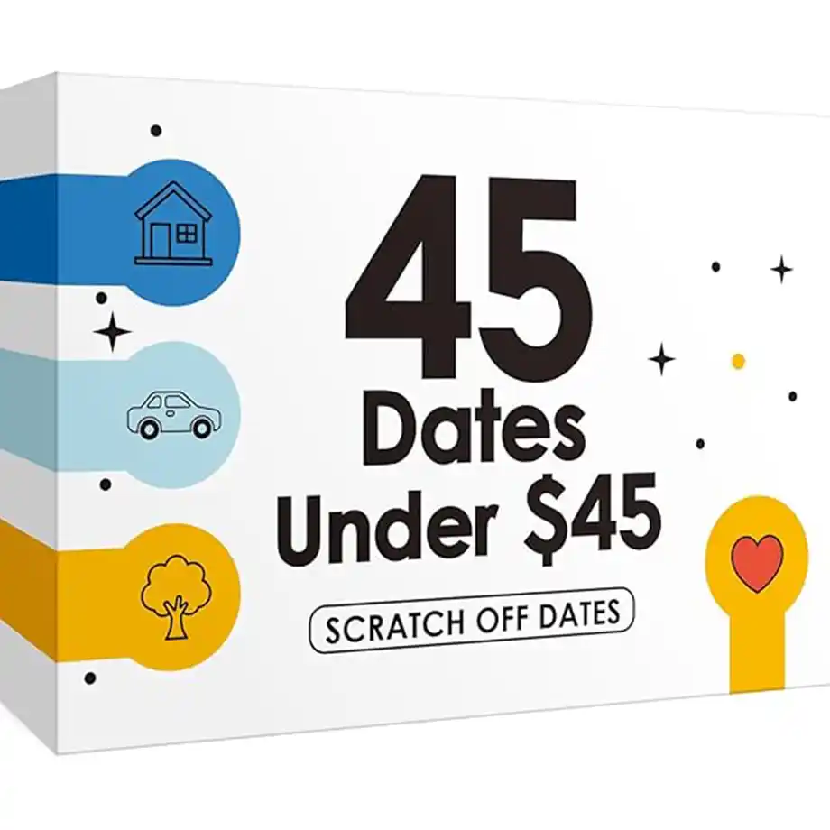 A creative image displaying 45 scratch-off date ideas, revealing fun and romantic activities for couples. Perfect for those looking for cheap date ideas with an element of surprise and adventure.