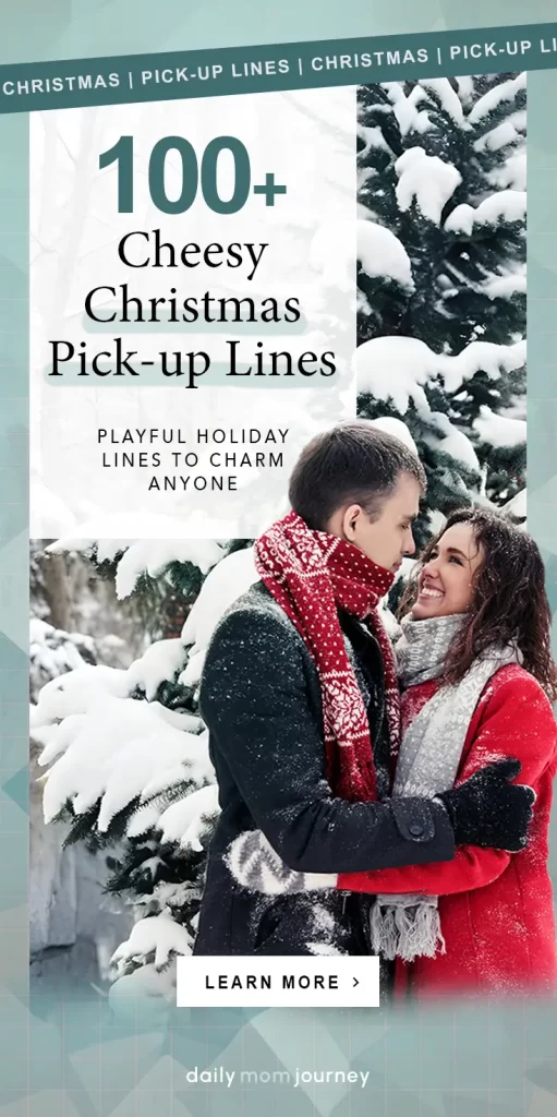 A happy couple in a snowy forest, wrapped in warm scarves and laughing together. A fun and lighthearted take on Christmas pick-up lines to bring holiday cheer.