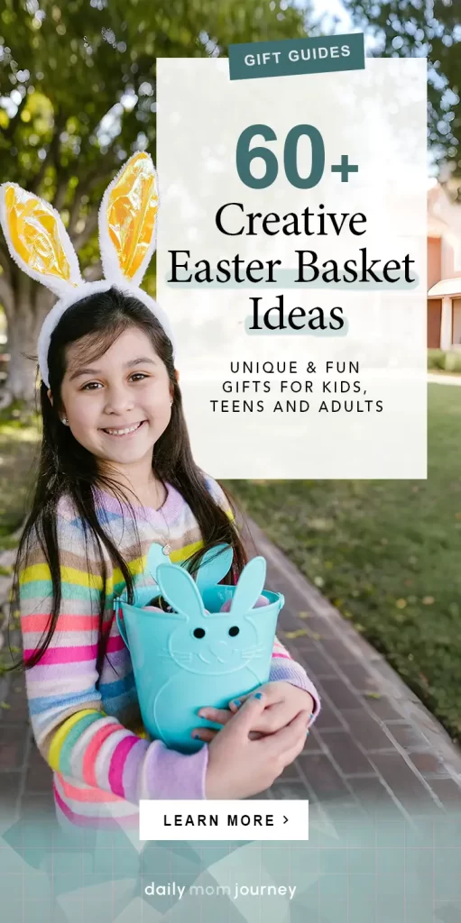 A cheerful girl holding a blue bunny-shaped basket, filled with colorful eggs, showcasing creative Easter basket ideas for kids.