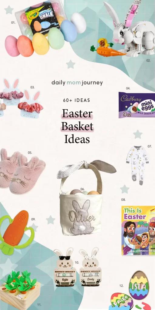 A collection of unique and fun Easter basket ideas, from bunny-themed accessories to festive books and toys.