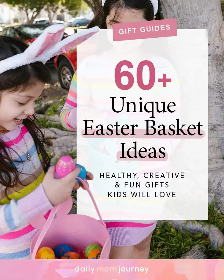  Sisters having fun with Easter eggs, sharing unique Easter basket ideas for creative and personalized gifts.