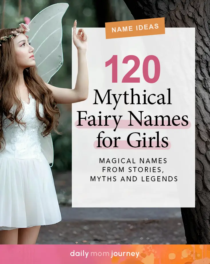 A whimsical fairy-themed design showcasing a fairy girl in a forest, highlighting 120 mythical fairy names for girls inspired by legends and stories.