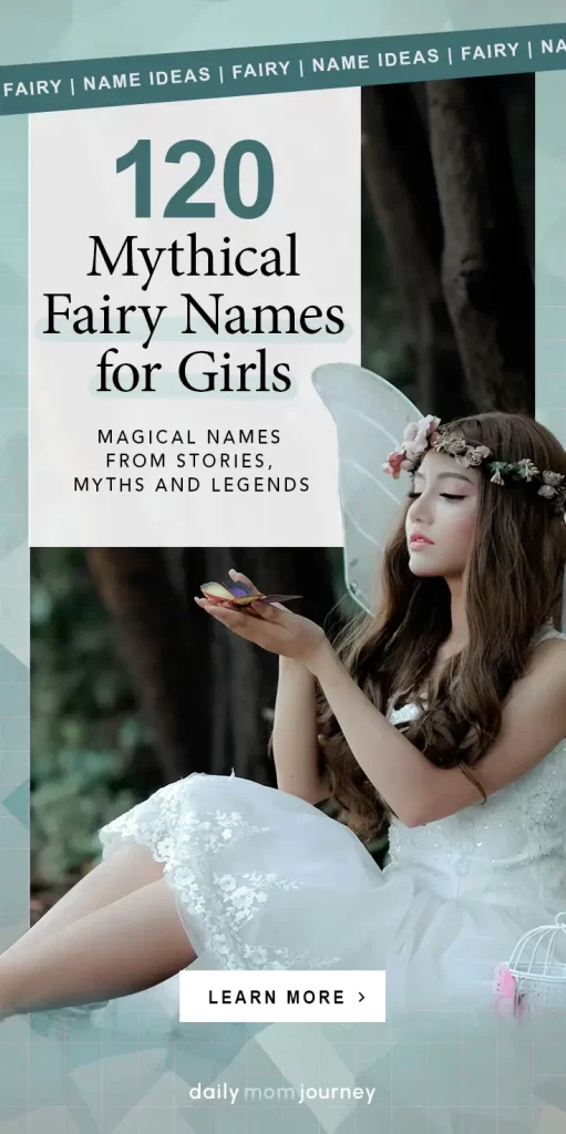 A dreamy fairy-inspired image with a young girl dressed in white with fairy wings, presenting a collection of 120 fairy names for girls with mythical origins.