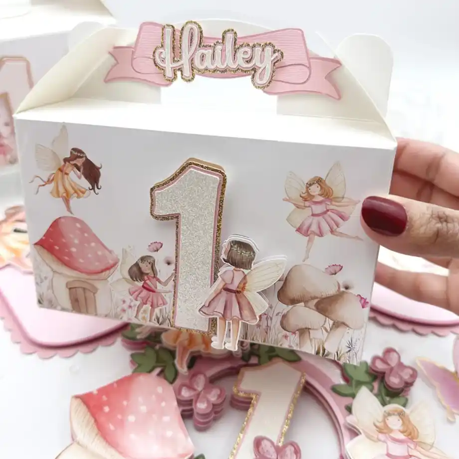 Whimsical fairy favor boxes adorned with delicate designs, perfect for gifting at enchanted events. Ideal for those seeking fairy names for girls to add a magical touch to party favors.