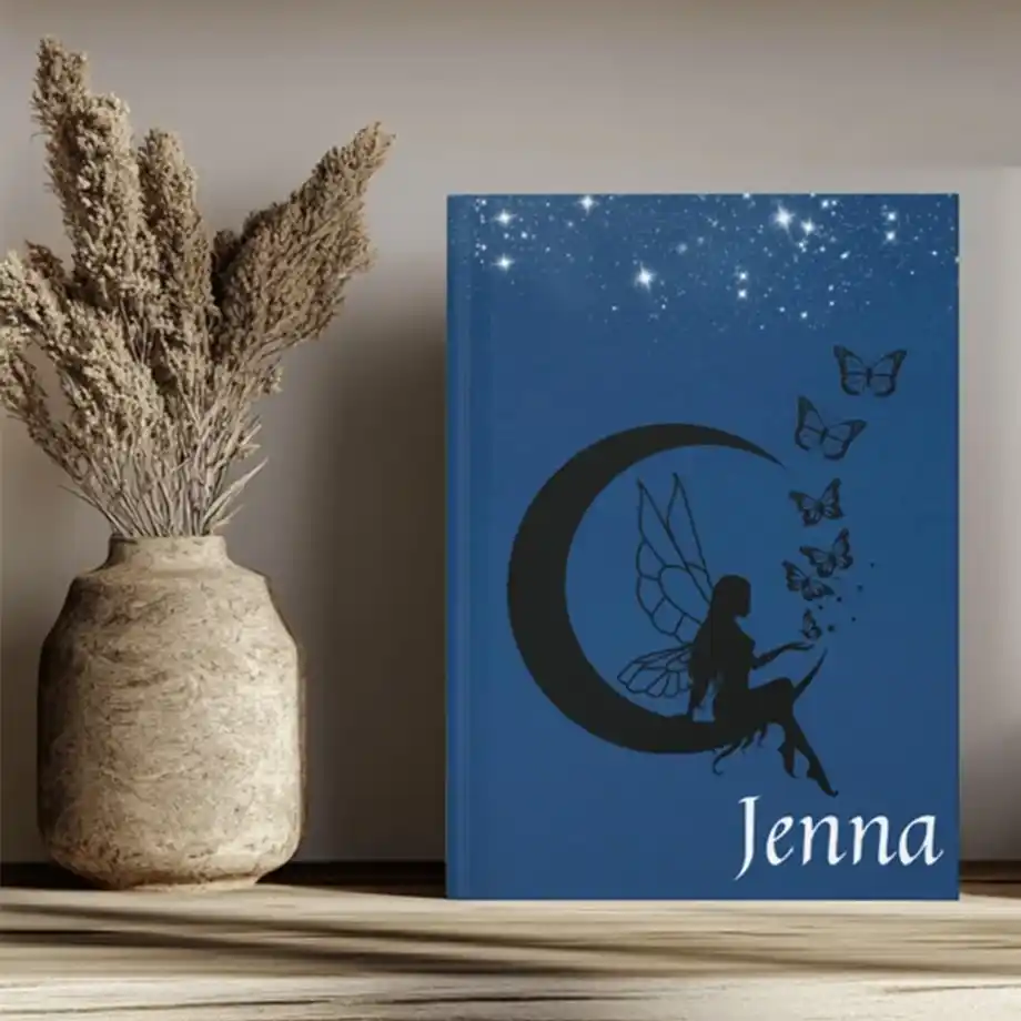 A magical scene featuring a fairy perched on a glowing moon surrounded by fluttering butterflies. Perfect for inspiring fairy names for girls and creating a dreamy, whimsical atmosphere.