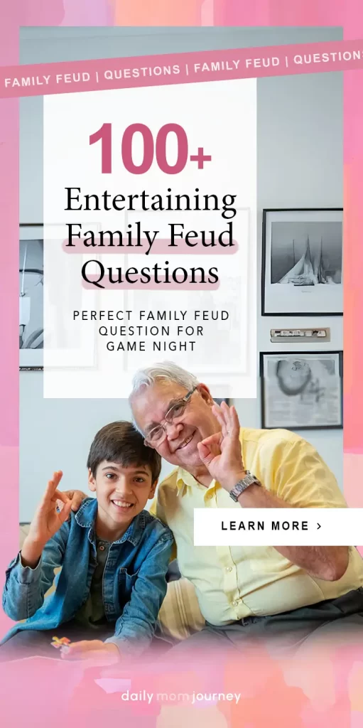 A grandfather and grandson smiling and making an "OK" hand sign while sitting together. Text overlay reads "100+ Entertaining Family Feud Questions - Perfect Family Feud Question for Game Night."