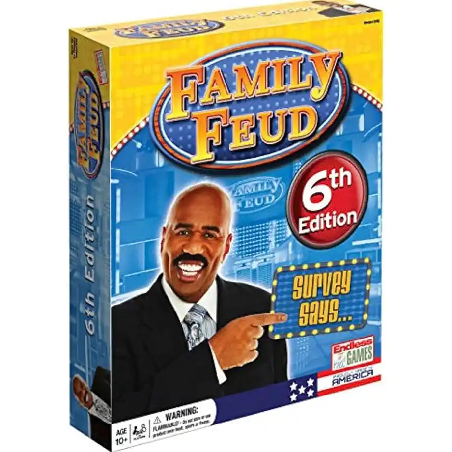 A lively family game night setup inspired by a game show, featuring a scoreboard, buzzers, and excited players. The scene captures the fun of answering Family Feud questions at home, with teams eagerly competing.