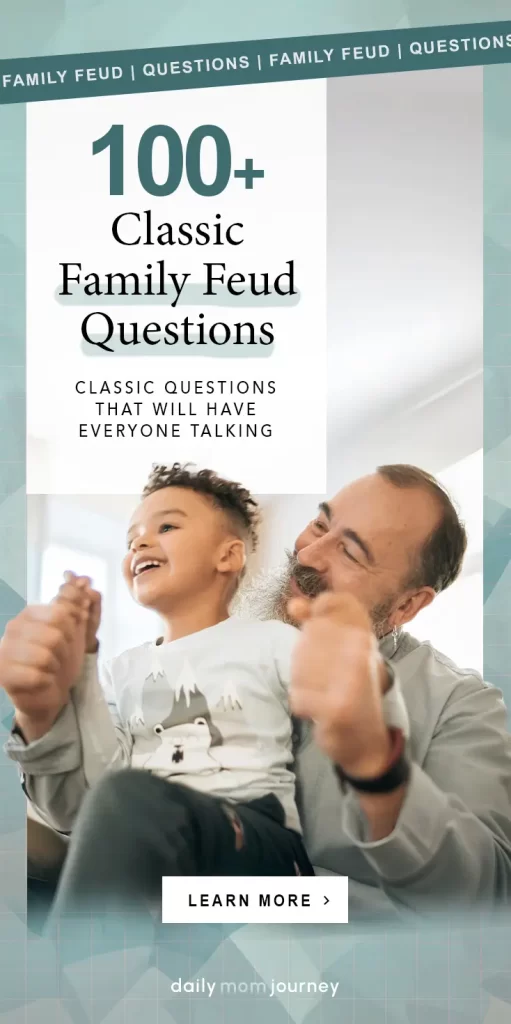 A bearded grandfather and young child laughing together while playing. Text overlay reads "100+ Classic Family Feud Questions - Classic Questions That Will Have Everyone Talking."