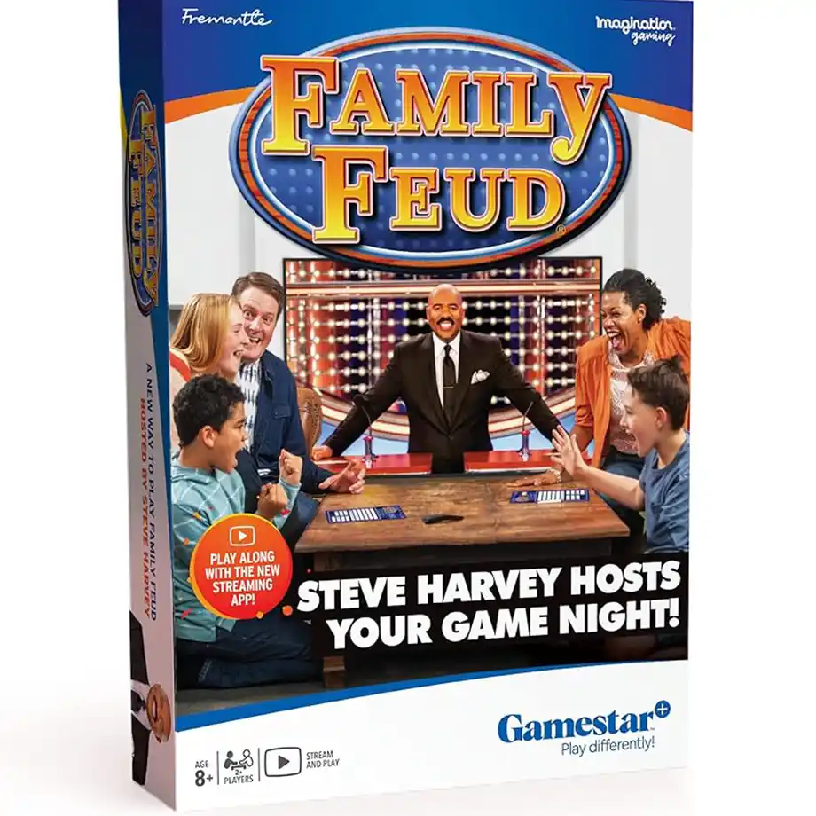 A lively game show set with Steve Harvey hosting, as contestants excitedly answer Family Feud questions. The bright stage, big scoreboard, and buzzing excitement capture the high-energy competition.