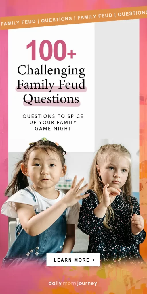 Two young girls sitting at a table, making expressive gestures while engaged in a game. Text overlay reads "100+ Challenging Family Feud Questions - Questions to Spice Up Your Family Game Night."