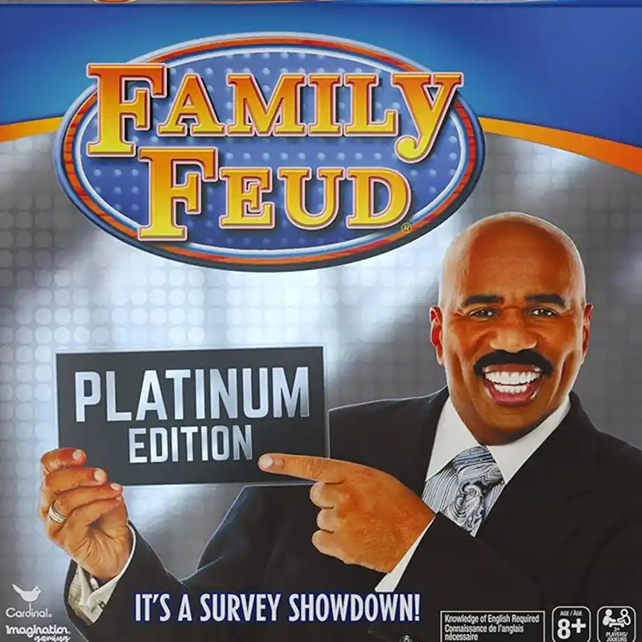 A fun-filled family gathering with players around a colorful board game, rolling dice and answering Family Feud questions. Laughter and excitement fill the room as teams compete for victory.