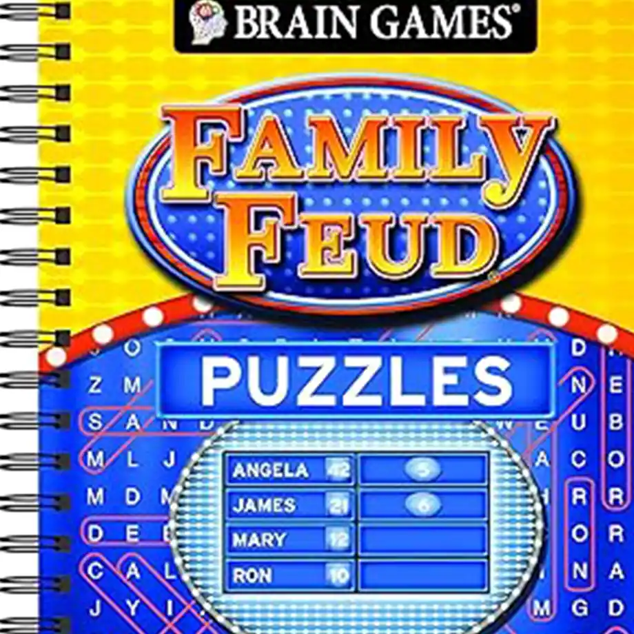 A challenging puzzles brain game setup with players solving riddles, connecting pieces, and answering Family Feud questions. Focus and excitement fill the room as they race against time to win.