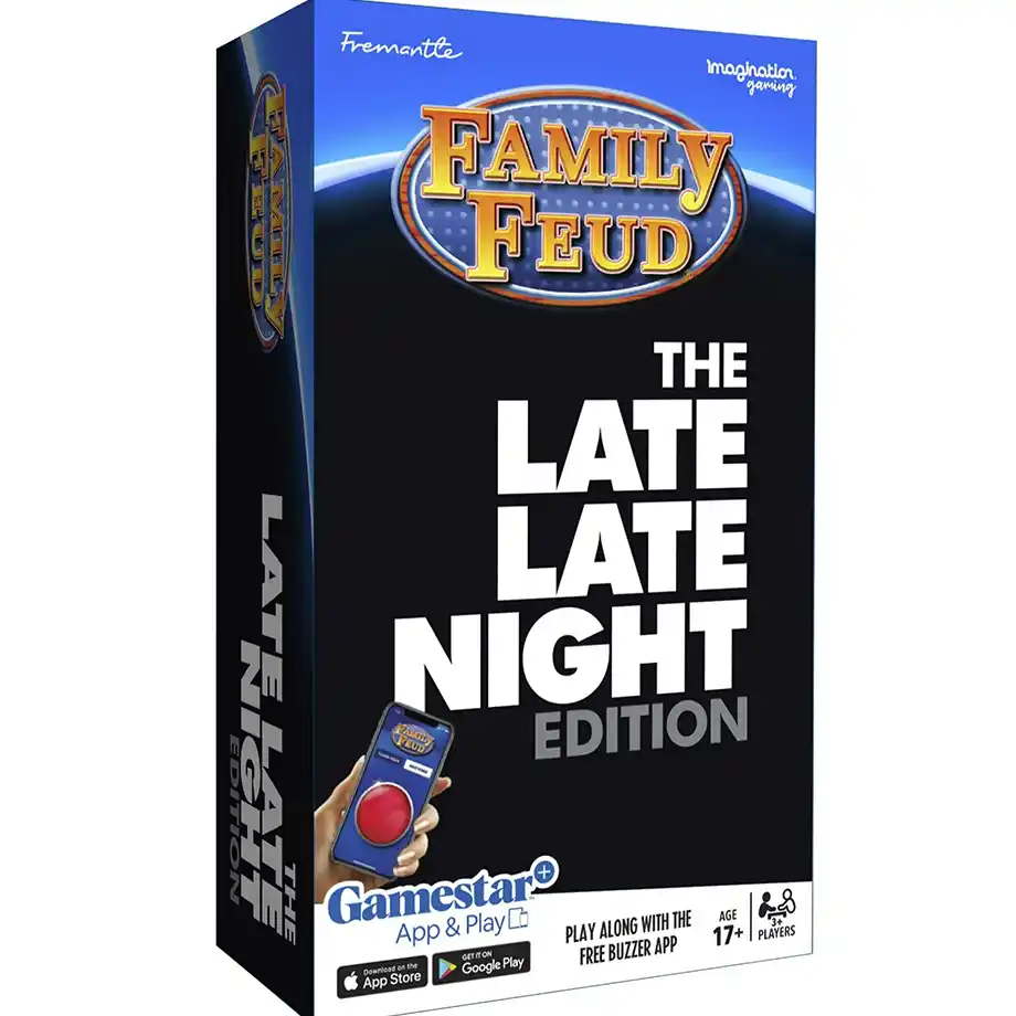 A cozy late-night card game setting with friends gathered around a table, laughing and strategizing. The game heats up as players answer Family Feud questions and compete for the win.