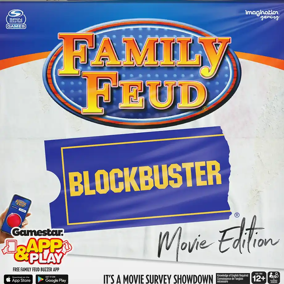 An exciting Family Feud Blockbuster Edition game night with players answering movie-themed questions. The competition heats up as teams guess famous films and iconic Hollywood moments.