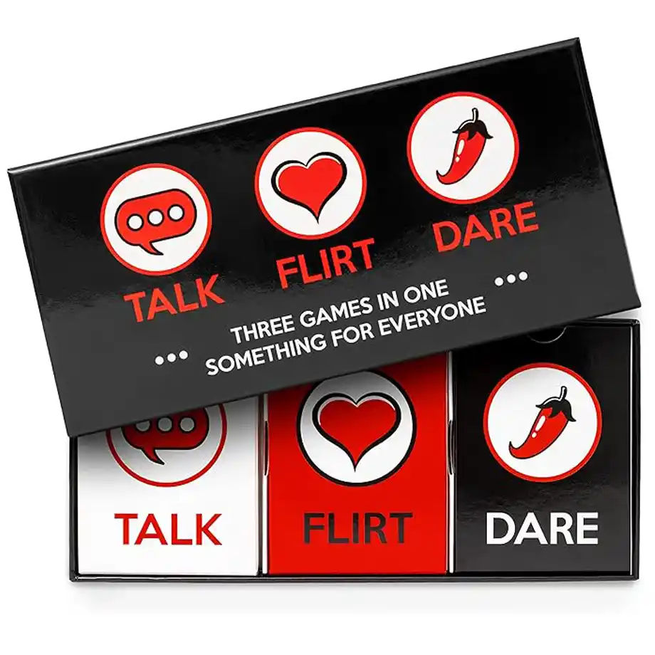 A romantic card game set featuring hot seat questions on Talk, Flirt, and Dare, designed for couples.