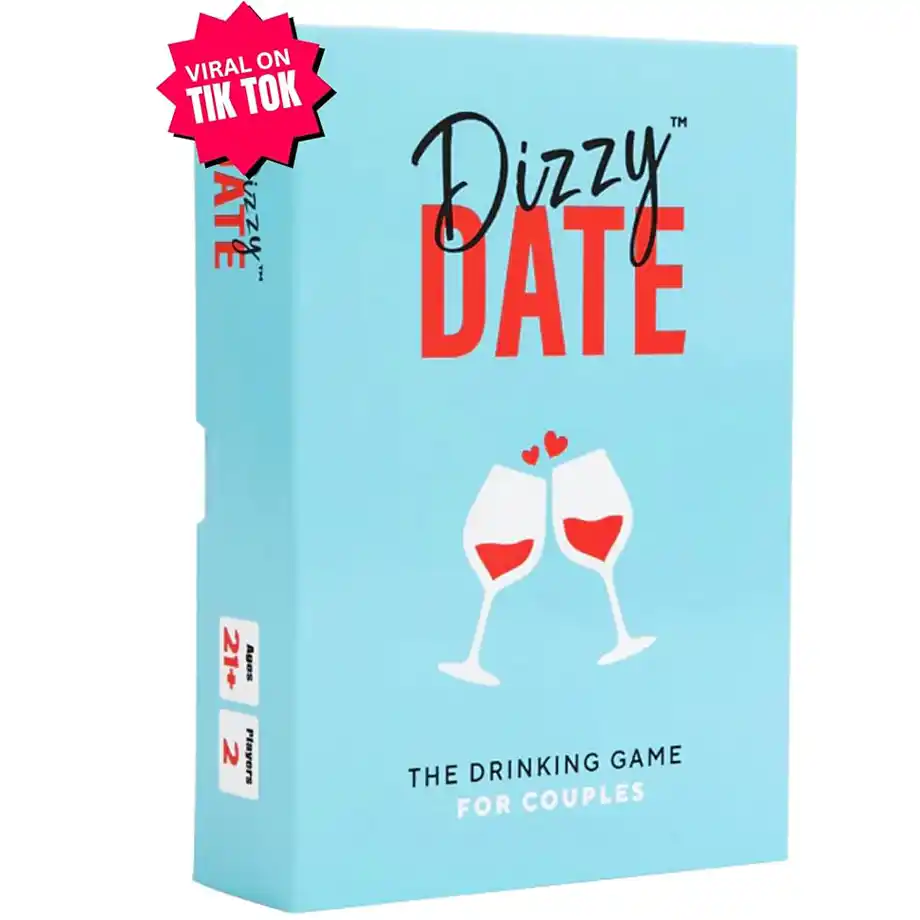 Dizzy Date" drinking game for couples featuring two wine glasses with hearts, a "Viral on TikTok" badge, and a fun way to spark hot seat questions.