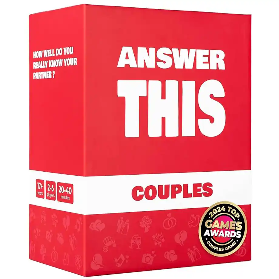 "Answer This" set of couples card game in a red box with white stripe featuring hot seat questions for significant relationship and conversation.