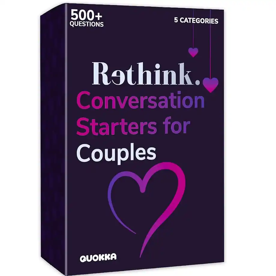 The 'Rethink' conversation starters card game for couples, featuring 500+ questions across 5 categories, for meaningful discussions and hot seat questions.