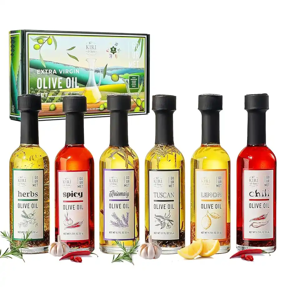 A premium gourmet olive oil gift set featuring six flavored extra virgin olive oils, including herbs, spicy, rosemary, Tuscan, lemon, and chili. A perfect choice for white elephant gift ideas, ideal for food lovers and home chefs.