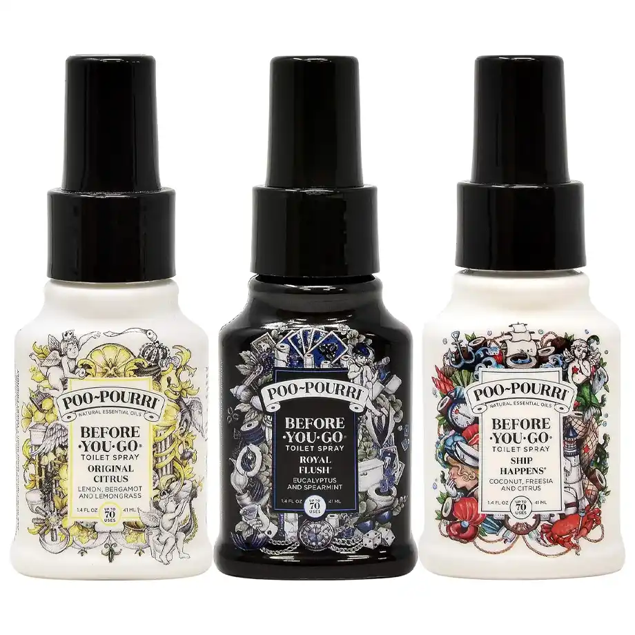 A set of three Poo-Pourri "Before You Go" toilet sprays in different scents, including Original Citrus, Royal Flush, and Ship Happens. Each bottle features a unique decorative label and contains essential oil-based formulas designed to trap bathroom odors before they begin. A humorous yet useful choice for white elephant gift ideas that will get plenty of laughs.