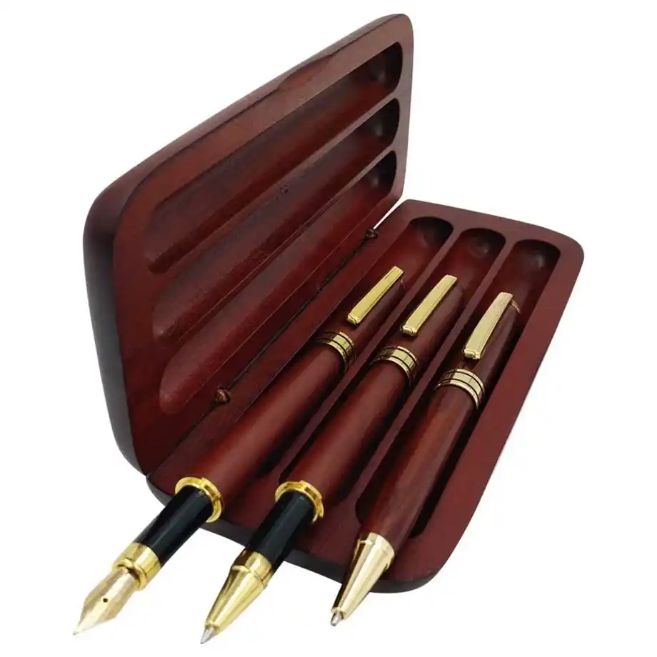 A luxurious wooden pen set featuring a fountain pen, rollerball pen, and ballpoint pen with gold accents, neatly placed in a matching wooden case. This stylish and practical set makes a perfect choice for white elephant gift ideas, ideal for professionals, writers, or pen enthusiasts.