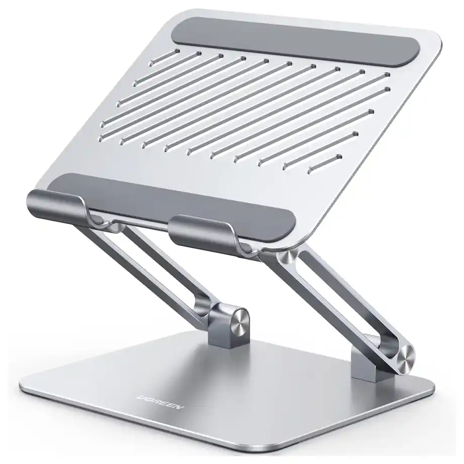 A sleek and sturdy silver adjustable laptop stand with ventilation slots and anti-slip padding, making it a great ergonomic choice for improved posture and cooling. This functional and stylish accessory is a perfect addition to white elephant gift ideas, ideal for remote workers, students, and tech enthusiasts.