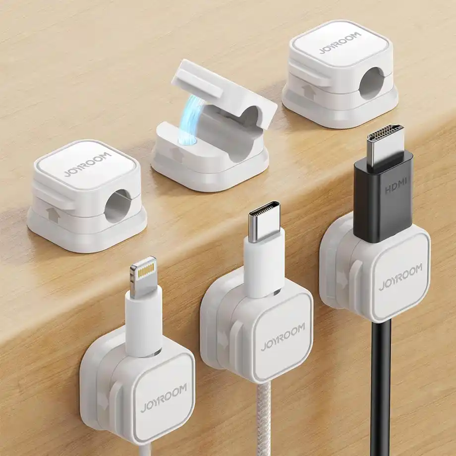 A set of six magnetic cable clips designed for adjustable and smooth cord management. These JOYROOM adhesive wire holders help keep cables organized under desks, on walls, nightstands, or in cars. A practical and thoughtful addition to white elephant gift ideas, perfect for home or office use.