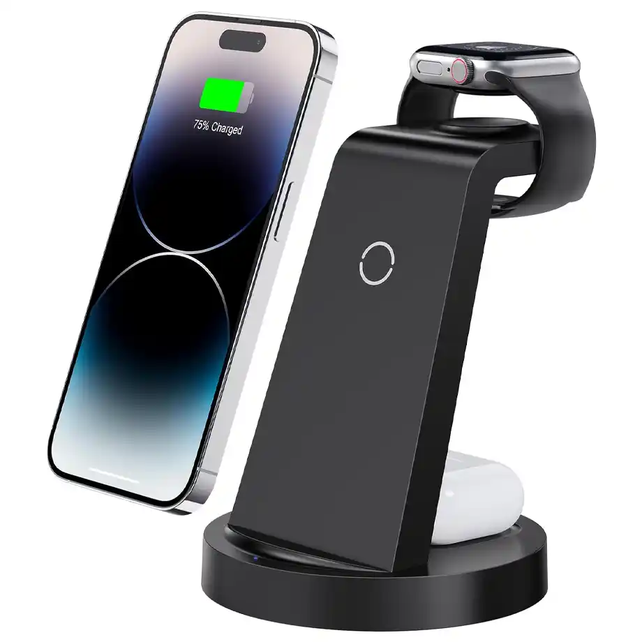 A sleek and convenient 3-in-1 wireless charging station compatible with iPhone 16/15/14/13/12/11/X Pro Max, Apple Watch, and AirPods 4/3/Pro. Perfect for decluttering your desk or nightstand, this versatile charger is a great choice for white elephant gift ideas and tech lovers.