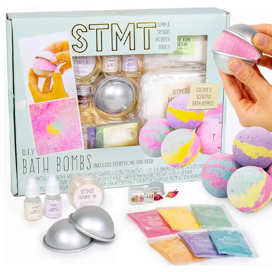 The D.I.Y. Bath Bomb Kit includes molds and ingredients for making colorful bath bombs, making it a perfect hands-on and relaxing choice for white elephant gift ideas.