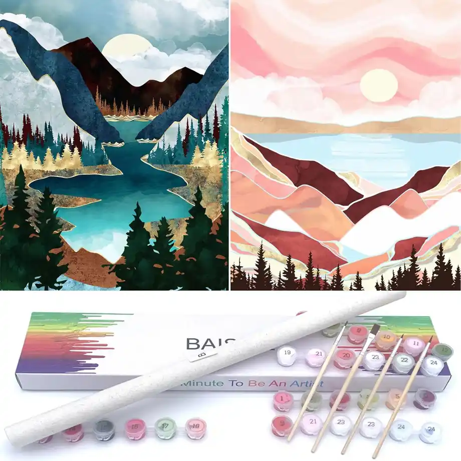 The Paint by Numbers Kit for adults and beginners features two 12"x16" canvases with a Sunset Lake and Mountains design, making it a fun and artistic choice for white elephant gift ideas.