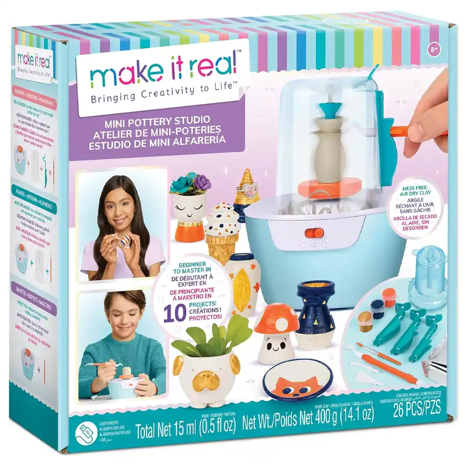 The Make It Real Mini Pottery Studio is a 26-piece DIY kit with mess-free air-dry clay, perfect for kids and beginners to create miniature pottery projects, making it a unique and entertaining choice for white elephant gift ideas.