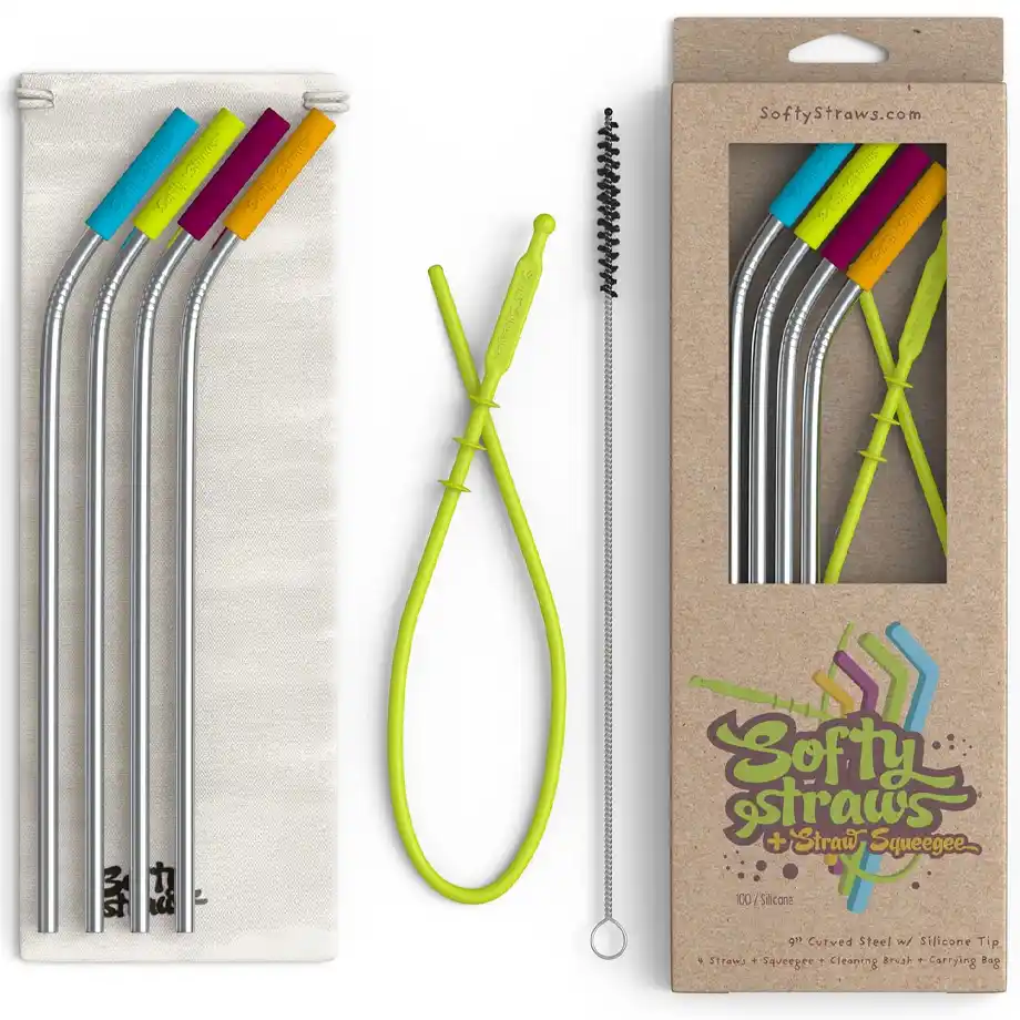 This premium set of reusable stainless steel drinking straws with silicone tips, patented cleaners, and a carrying case makes an eco-friendly and stylish choice for white elephant gift ideas.