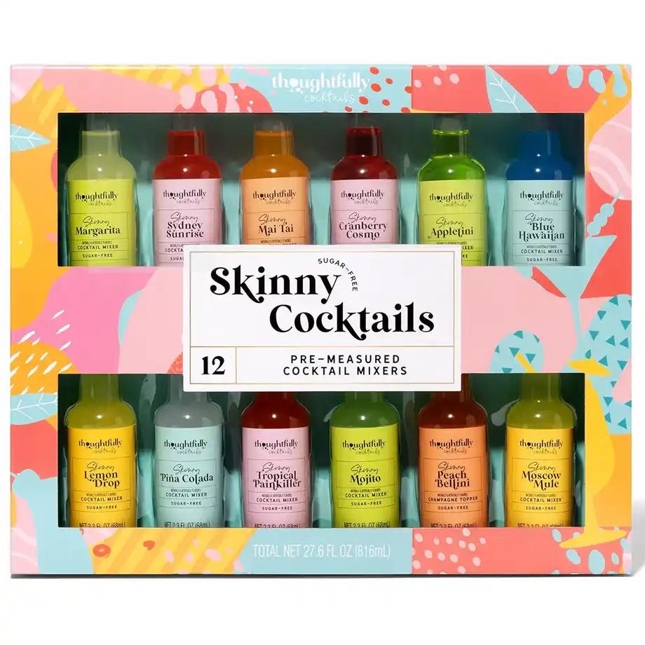 A colorful 12-pack of sugar-free skinny cocktail mixers featuring a variety of flavors like Margarita, Mojito, and Peach Bellini—one of the best white elephant gift ideas for cocktail lovers and party hosts.