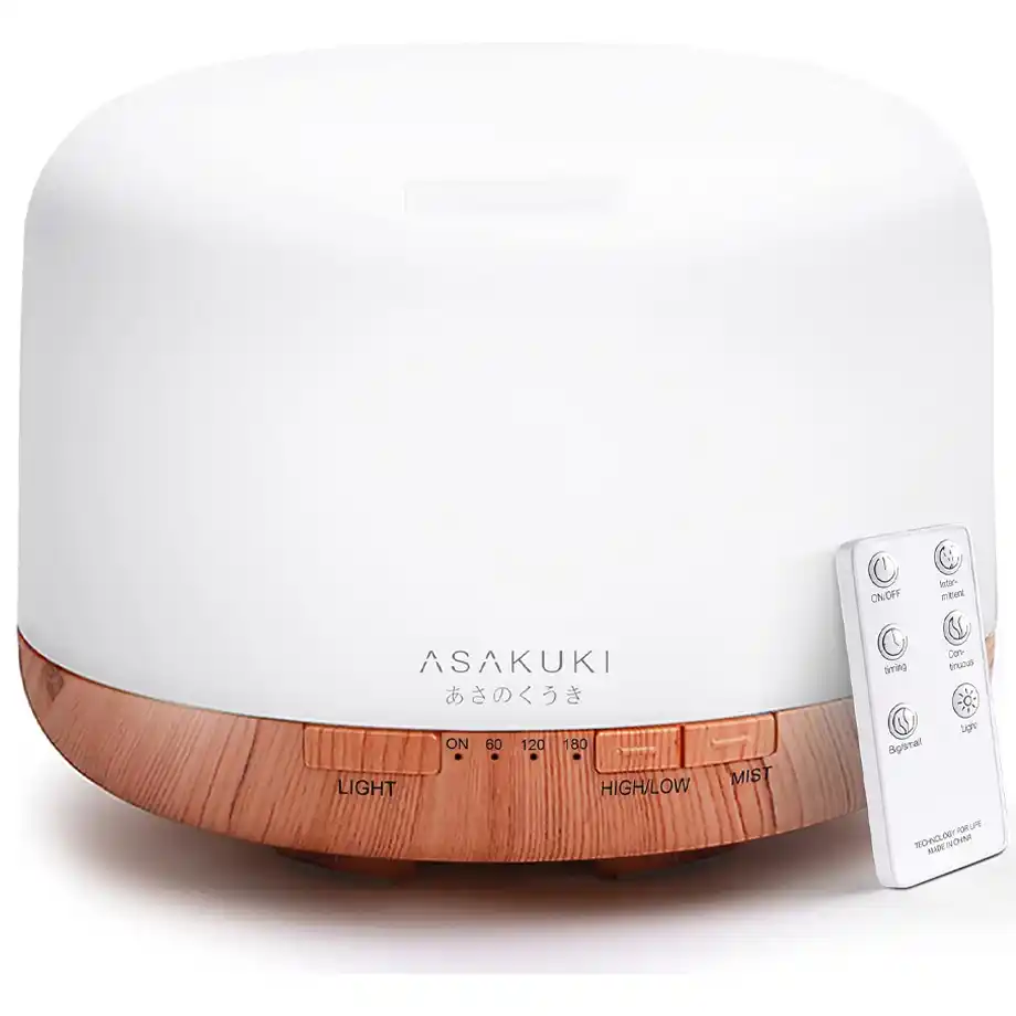 The 500ml essential oil diffuser features ultrasonic aromatherapy, a remote control, and an auto-off switch, making it a relaxing and thoughtful choice for white elephant gift ideas.