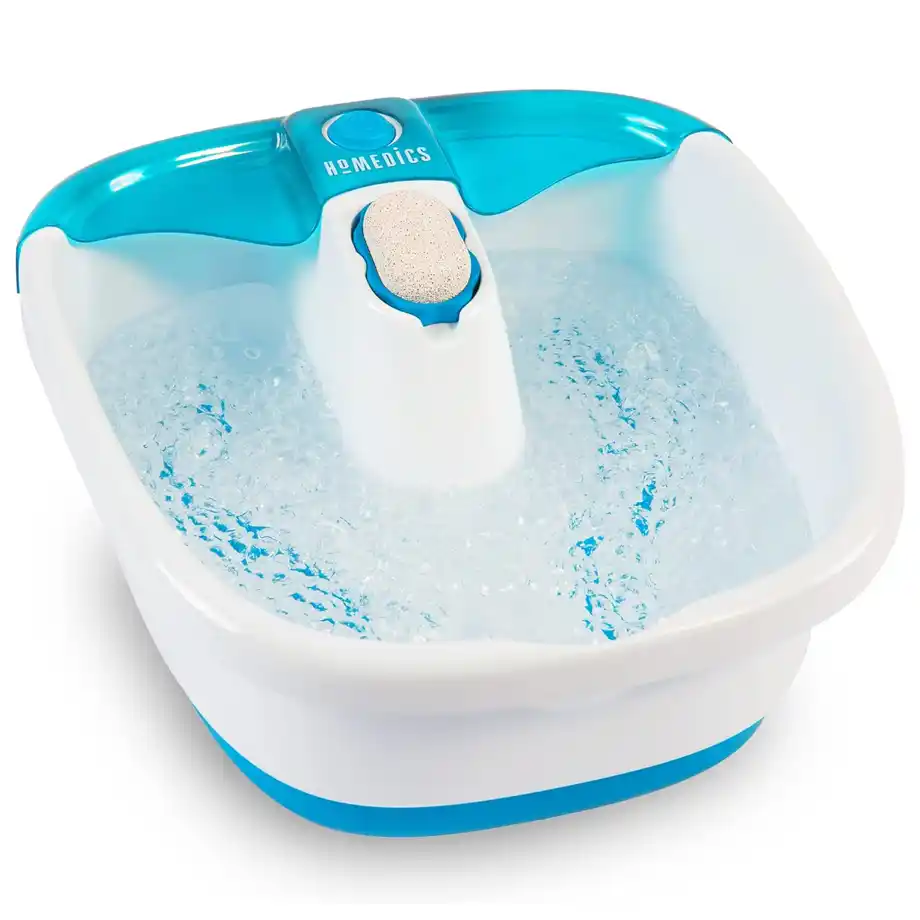 The HoMedics Bubble Mate Foot Spa features invigorating bubbles, raised massage nodes, and a removable pumice stone, making it a perfect self-care treat and a great choice for white elephant gift ideas.