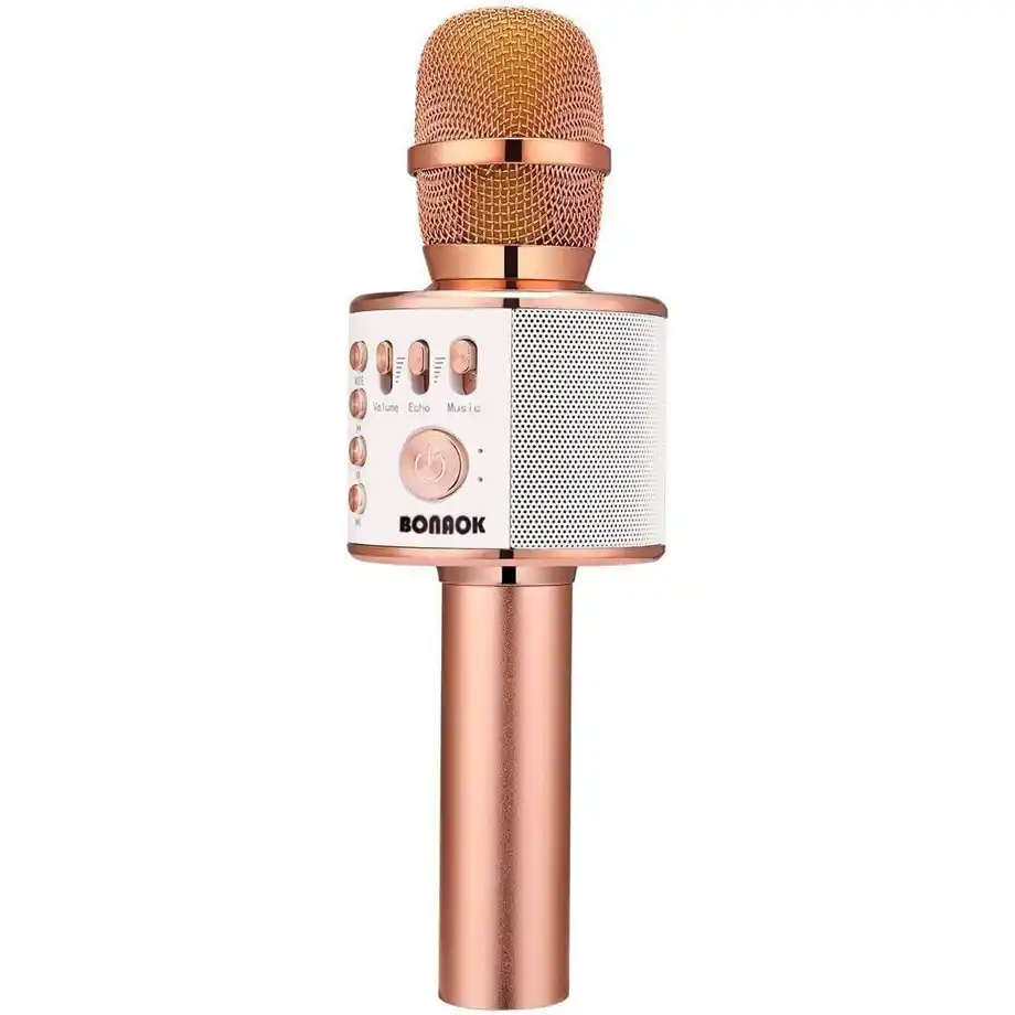 This 3-in-1 portable handheld karaoke mic and speaker in rose gold is perfect for home parties, birthdays, and singalongs, making it a fantastic choice for white elephant gift ideas.