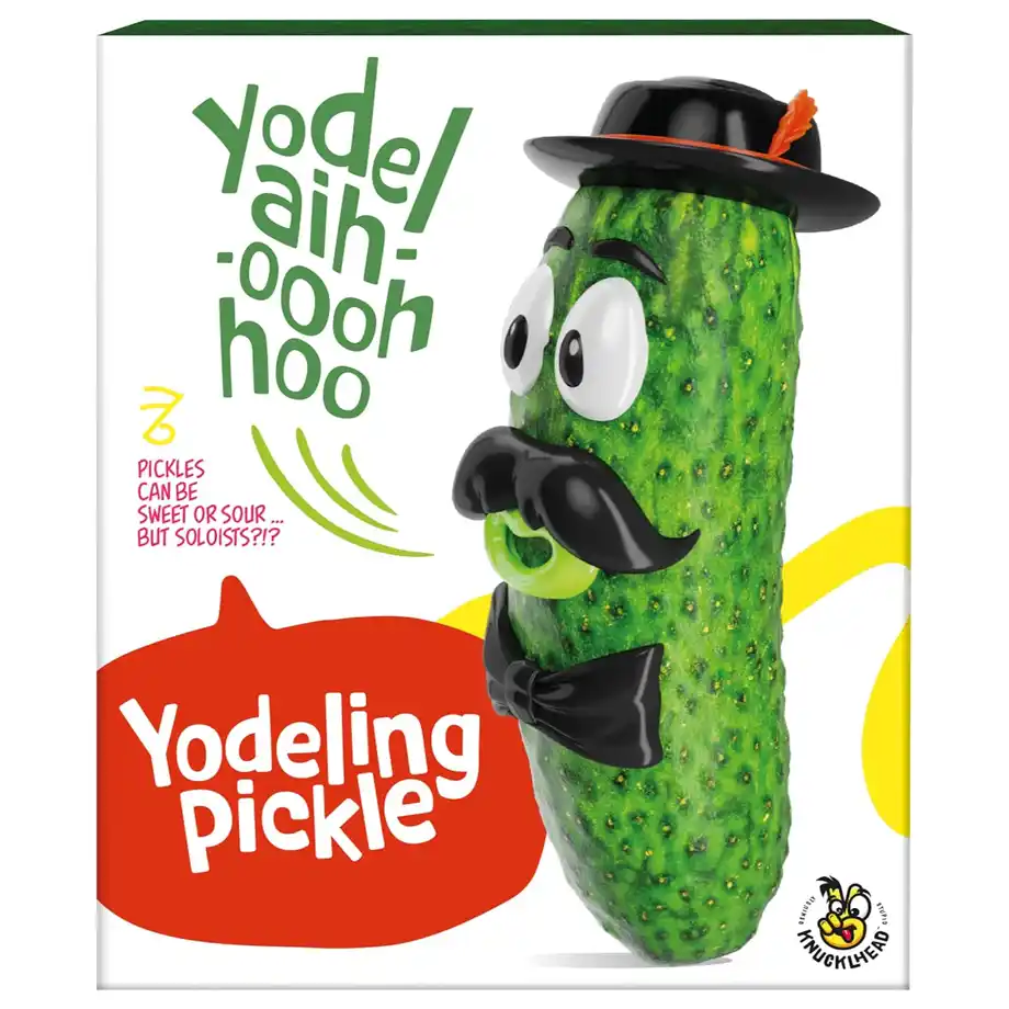 This quirky yodeling pickle is a hilarious and unique gag gift, perfect for white elephant gift ideas, stocking stuffers, and Yankee swaps, bringing endless fun for adults and kids alike.