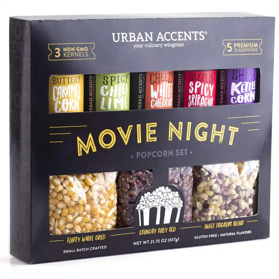 Urban Accents Movie Night Popcorn Set featuring three types of non-GMO kernels and five premium seasonings. A unique and tasty option for white elephant gift ideas, perfect for movie lovers and snack enthusiasts.