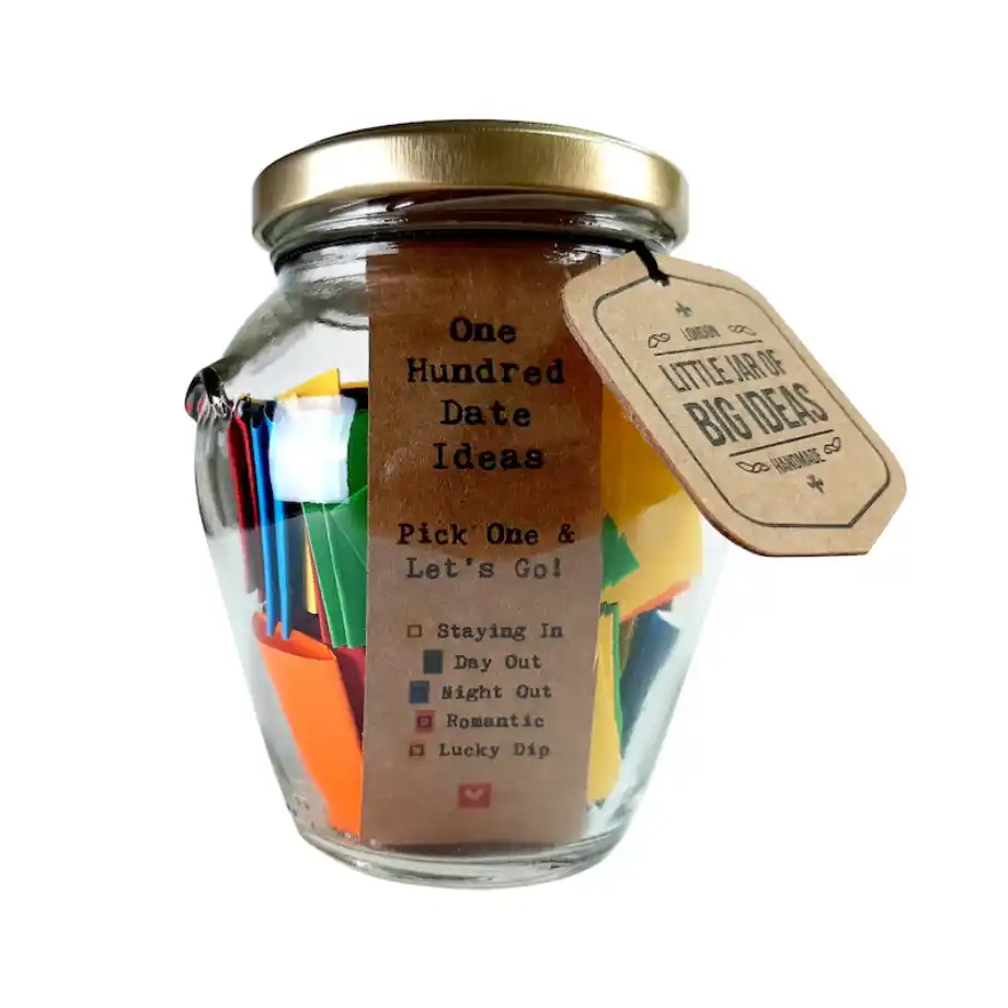 "Little Jar of 100 Date Ideas" – a charming jar filled with creative and fun date ideas, perfect for keeping your alphabet dating experience exciting and fresh.