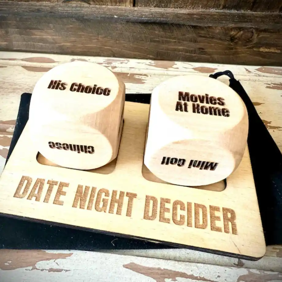 Date Night Decider Dice – oversized laser-engraved wood dice with 6 food selections and 6 date activities, perfect for adding spontaneity to your alphabet dating adventures.