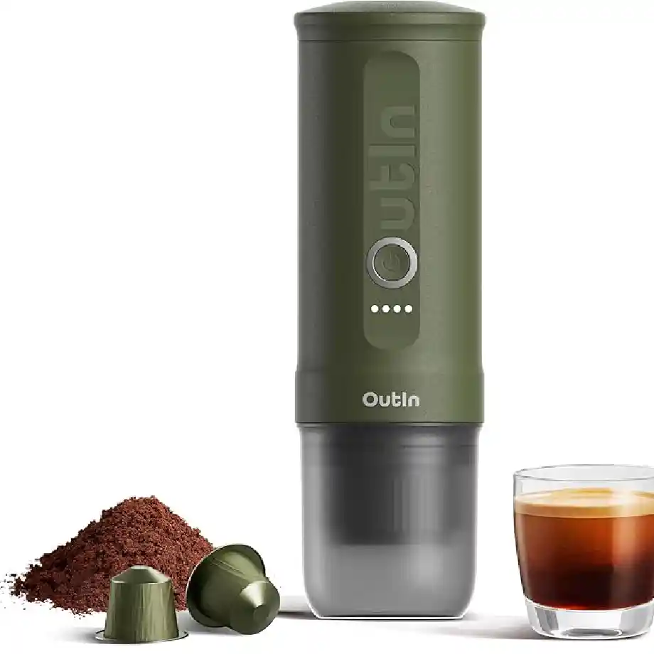 OutIn Nano Portable Electric Espresso Machine with USB-C charging, perfect for camping, travel, and office use. A great gift idea for coworkers who love coffee on the go, compatible with ground coffee and NS capsules.