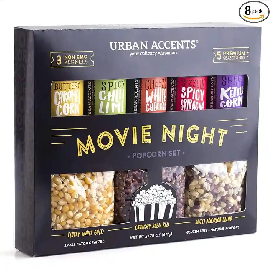 Set of 8 Urban Accents popcorn kernels and gourmet seasonings, perfect for a movie night at home. A great gift idea for coworkers who enjoy delicious and flavorful popcorn snacks.