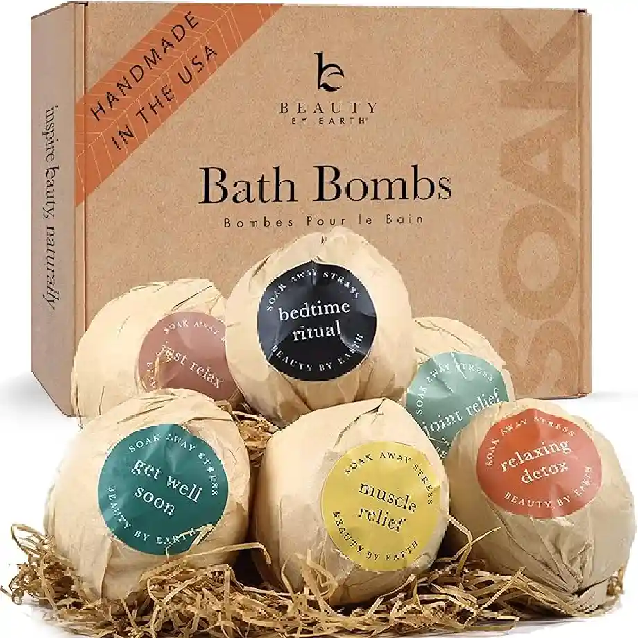 USA-made bath bomb set with natural and organic ingredients, perfect for relaxation and self-care. A thoughtful gift idea for coworkers who love unwinding with a soothing bath.