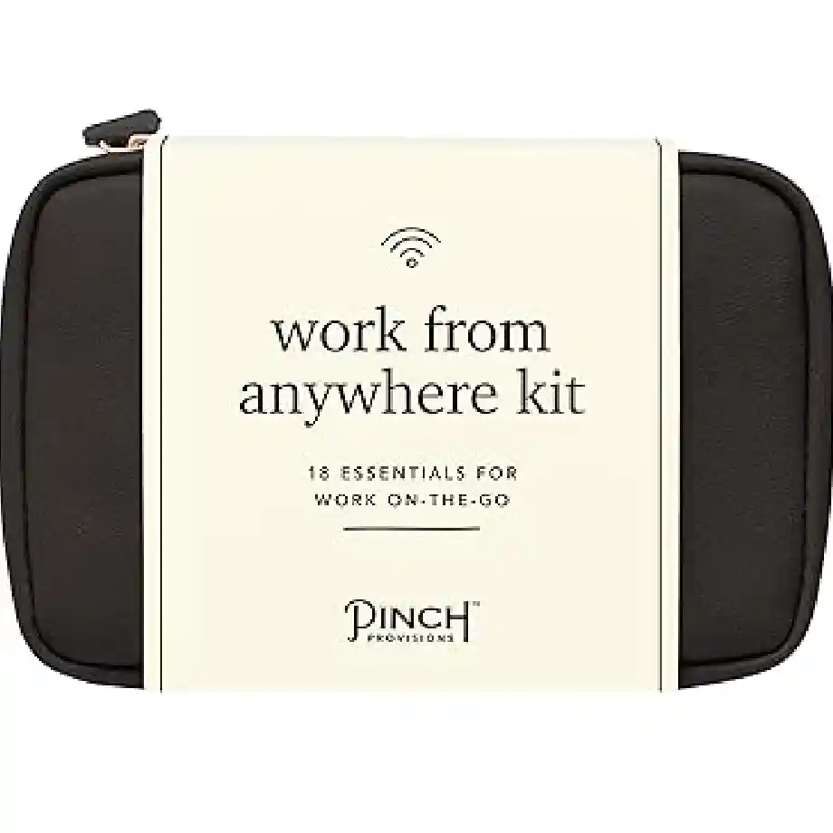 Compact vegan leather pouch with 18 essential work tools to stay productive anywhere. A perfect gift idea for coworkers who travel or work remotely and need convenient office essentials.