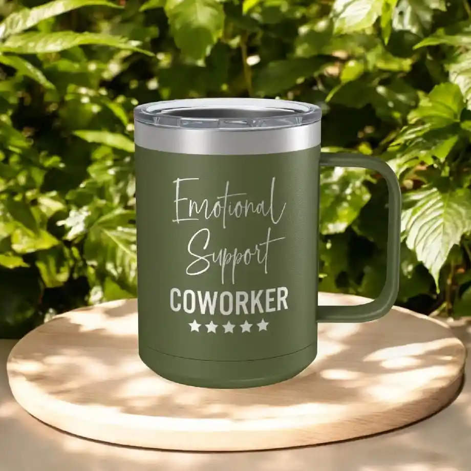 A stylish and practical Emotional Support Travel Coffee Mug, a great gift idea for coworkers, employees, and office teams. Perfect for Christmas, thank-you gifts, and bulk appreciation presents.