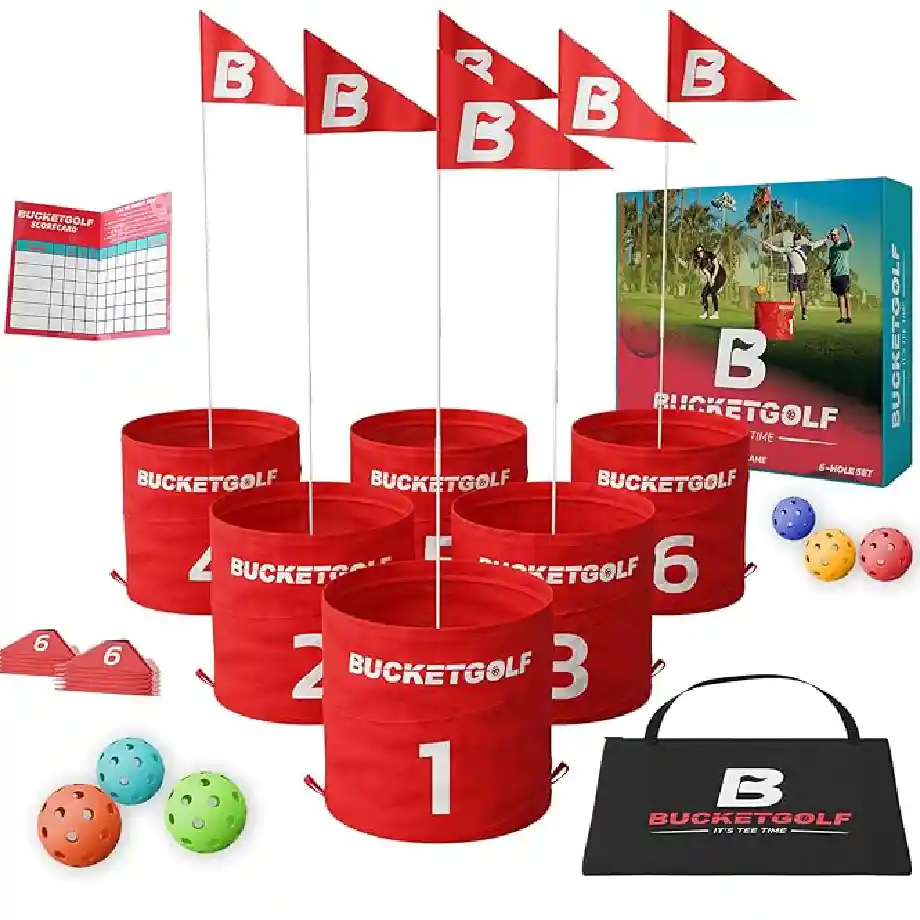 Portable 6-hole BucketGolf set for kids and adults, perfect for outdoor play in the backyard, park, beach, or camping. A fun and interactive game that brings the excitement of golf anywhere. Great for family gatherings, parties, and golf enthusiasts of all skill levels.