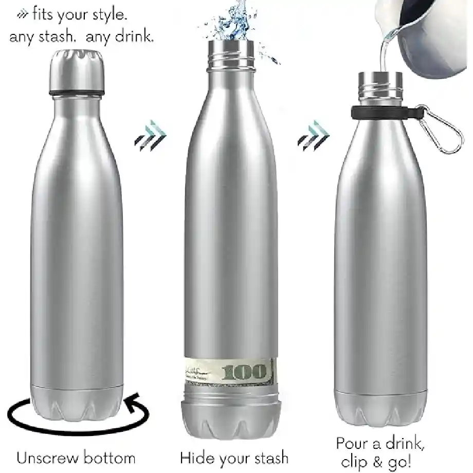 Silver 17oz insulated stainless steel bottle with leak-proof design, keeps drinks hot or cold, and features a hidden storage compartment for cash and keys.