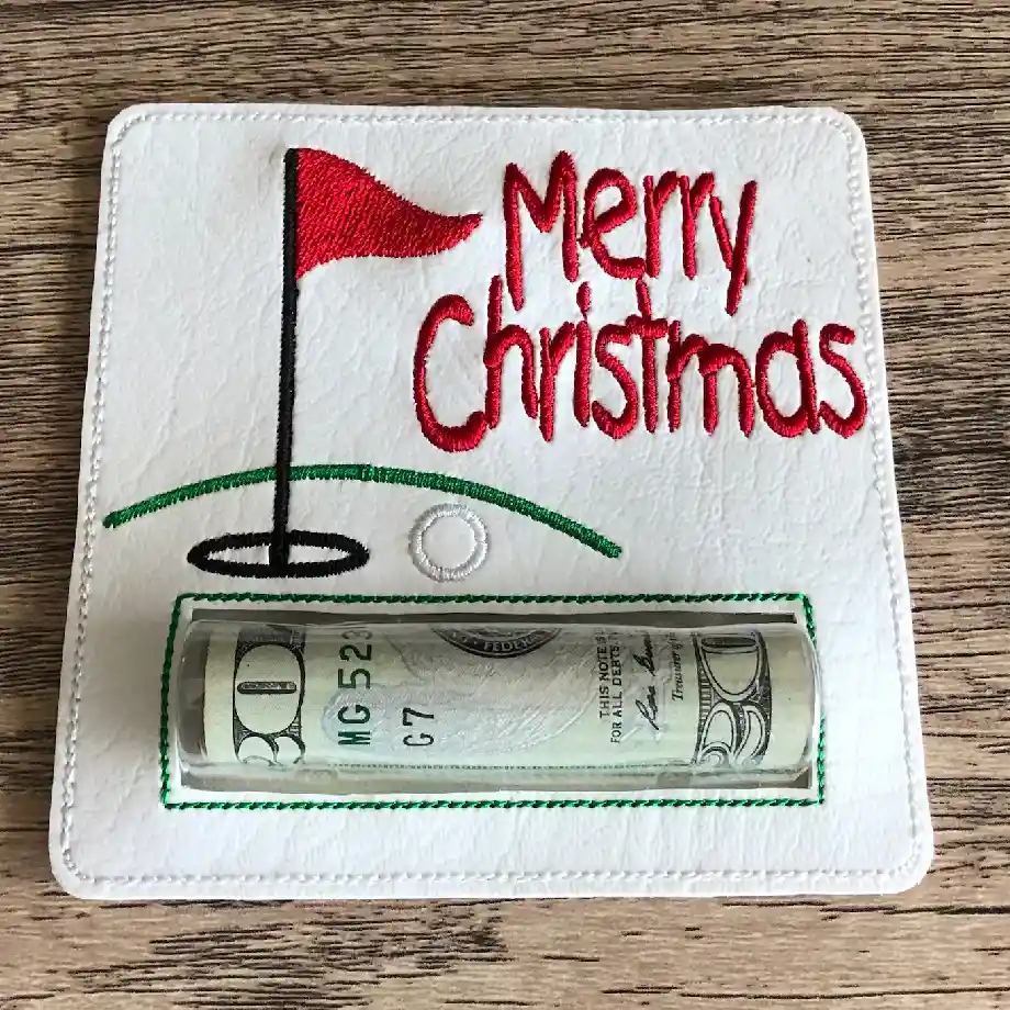 A festive Christmas golf-themed money holder, the perfect gift for golfers who have everything. Ideal for gifting cash, gift cards, or small surprises in a fun and creative way during the holiday season.