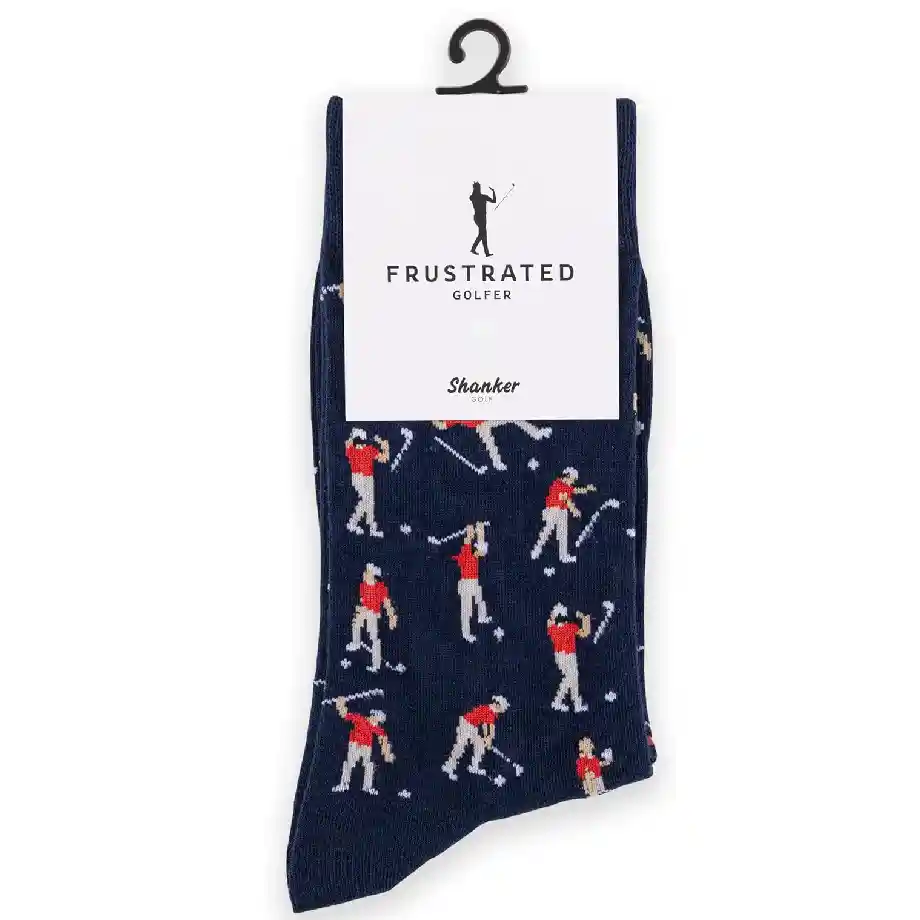 A pair of Shanker Golf Socks featuring a funny angry golfer design. Perfect novelty golf gift for men who love humor on the course. Great for birthdays, Father's Day, or as a fun addition to any golfer’s wardrobe. Size 10-13, comfortable and stylish.